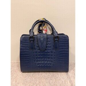 Navy Blue Crocodile Embossed Top Handle Satchel Handbag Scarf Accent